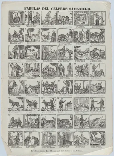 Broadside with 48 scenes depicting fables by Félix María de Samaniego