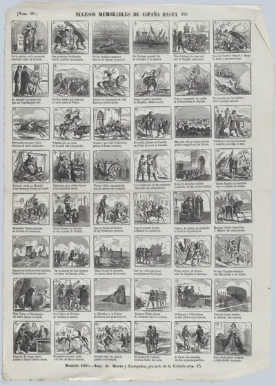 Broadside with 48 scenes depicting memorable events in Spain until 1840