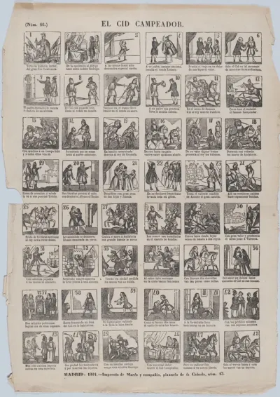 Broadside with 48 scenes depicting the adventures of the warrior El Cid Campeador