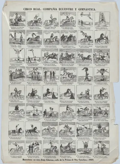 Broadside with 48 scenes depicting the equestrian and gymnastic moves of the royal circus