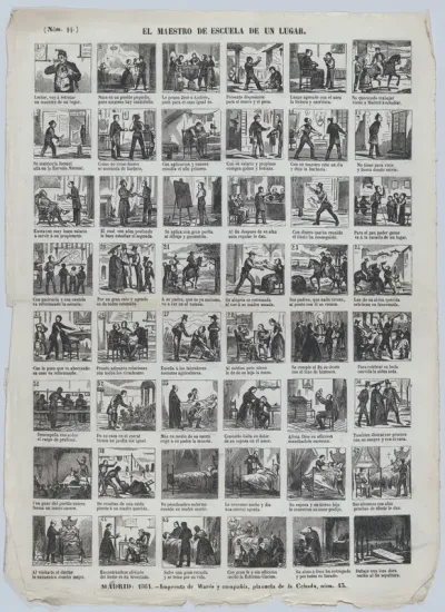 Broadside with 48 scenes depicting the experiences of a schoolteacher in an unknown small town ('de un lugar')