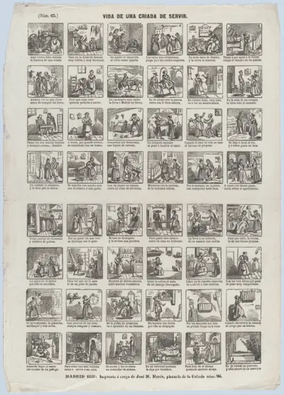 Broadside with 48 scenes depicting the life of a servant girl