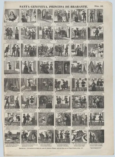 Broadside with 48 scenes depicting the life of Genevieve of Brabant