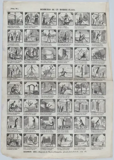Broadside with 48 scenes depicting the misfortunes of a skinny man