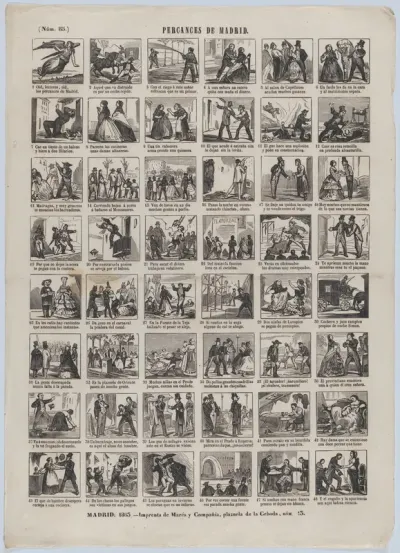 Broadside with 48 scenes depicting the mishaps in/of Madrid