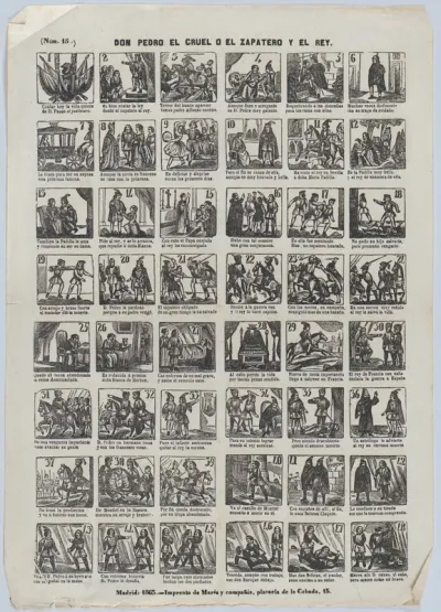 Broadside with 48 scenes depicting the story of Don Pedro the Cruel, or, the Shoemaker and the king