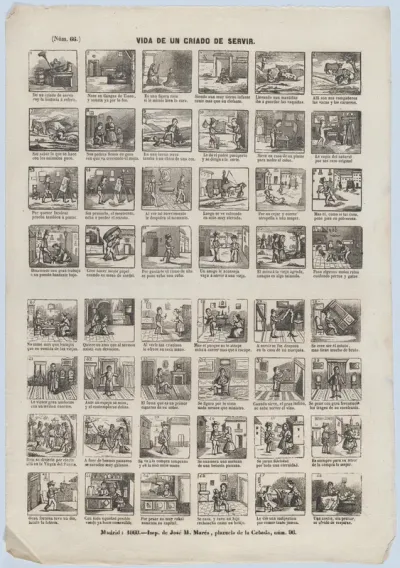 Broadside with 48 scenes from the life of a male servant