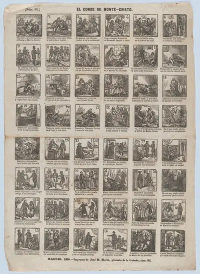 Broadside with 48 scenes from the life of the Count of Monte Cristo