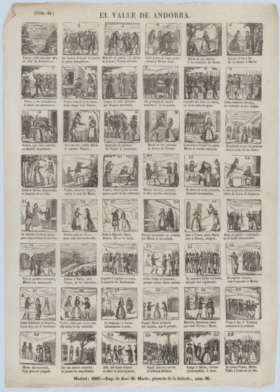 Broadside with 48 scenes from the zarzuela in three acts, 'The Valley of  Andorra'