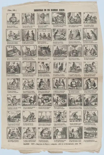 Broadside with 48 scenes illusrating  the misfortunes of a fat man