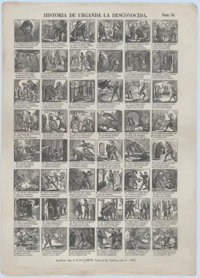 Broadside with 48 scenes illustrating the story of Urganda the Unknowable