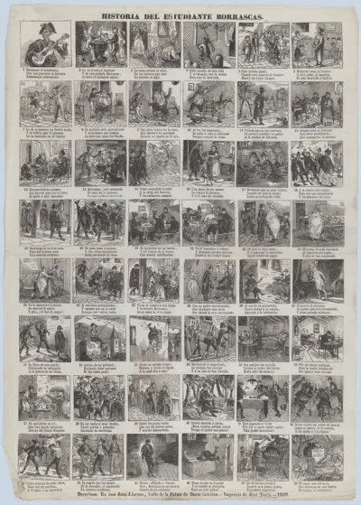 Broadside with 48 scenes of the life of Borrascas the student