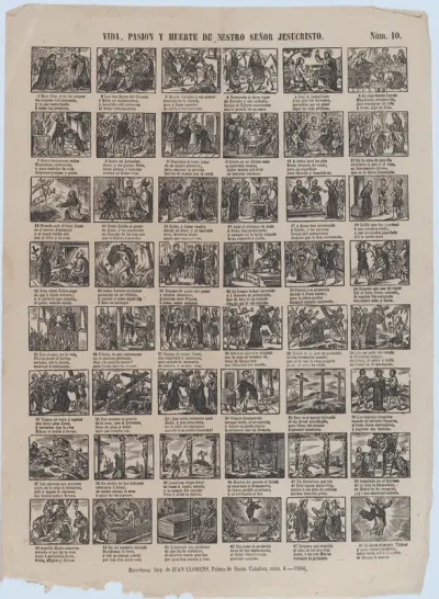 Broadside with 48 scenes of the life of Jesus Christ