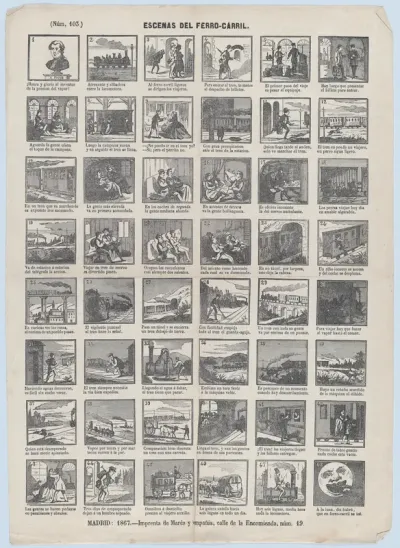 Broadside with 48 scenes of trains and their passengers etc