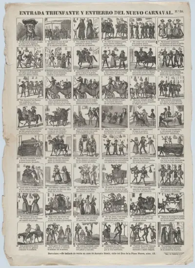 Broadside with 48 scenes relating to carnival in Barcelona