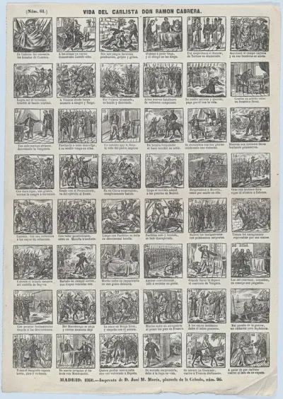 Broadside with 48 scenes relating to life of the Carlist general of Spain, Ramon Cabrera y Griñó