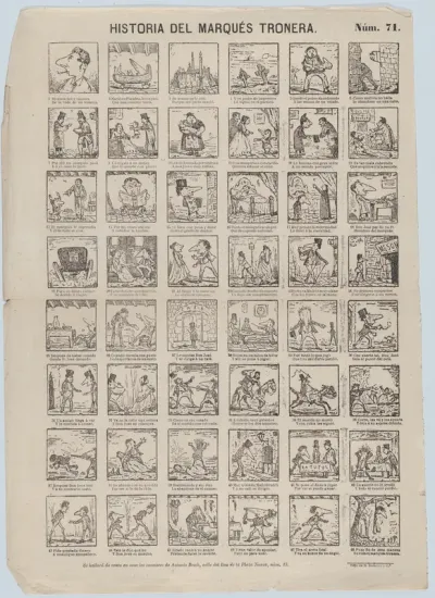 Broadside with 48 scenes relating to Marqués Tronera