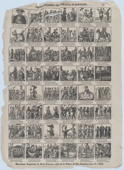 Broadside with 48 scenes relating to the carnival in Barcelona
