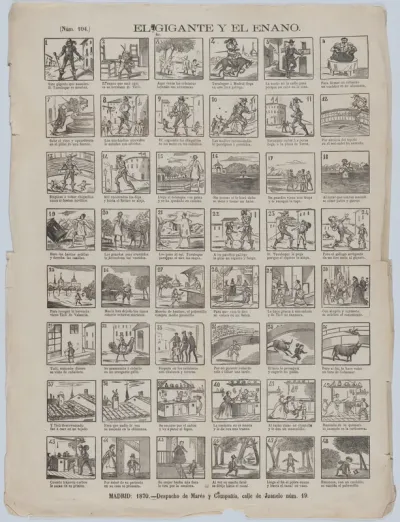 Broadside with 48 scenes relating to the giant and the dwarf