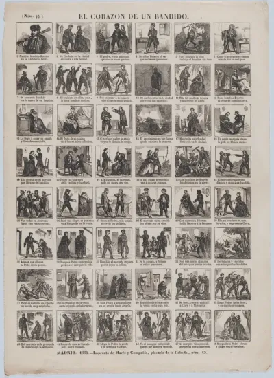Broadside with 48 scenes relating to the heart of the bandit