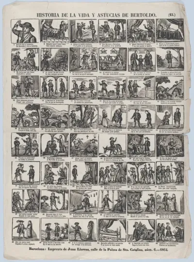 Broadside with 48 scenes relating to the life and cunning of the peasant Bertoldo