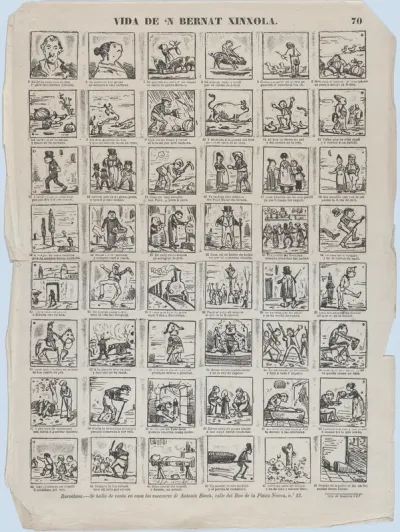 Broadside with 48 scenes relating to the life Bernat Xinxola
