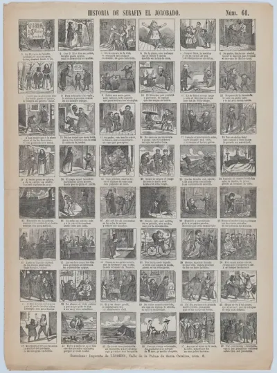 Broadside with 48 scenes relating to the life hunchback