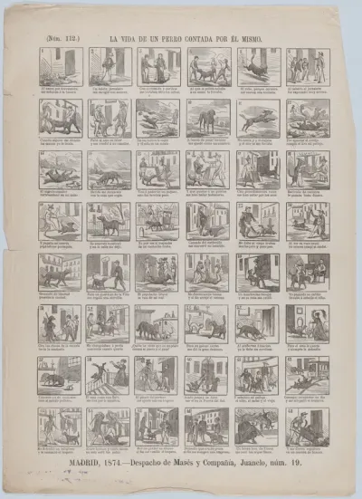 Broadside with 48 scenes relating to the life of a dog told by himself