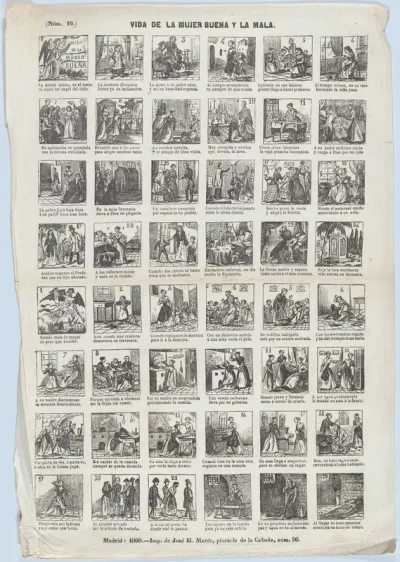 Broadside with 48 scenes relating to the life of a Good Woman (24 upper scenes) and the life of a Bad Woman (24 lower scenes)