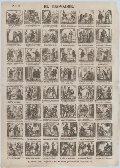 Broadside with 48 scenes relating to the life of a troubadour
