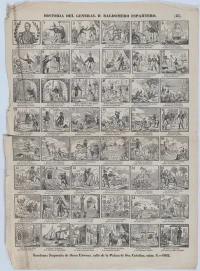 Broadside with 48 scenes relating to the life of General D. Baldomero Espartero