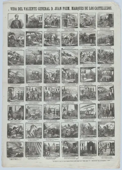 Broadside with 48 scenes relating to the life of General Juan Prim y Prats, 1st Marquis of Los Castillejos