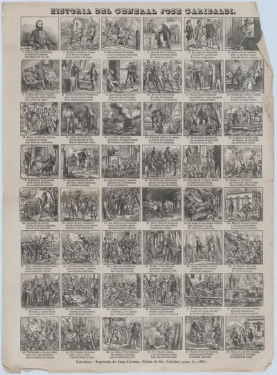 Broadside with 48 scenes relating to the life of Giuseppe Garibaldi