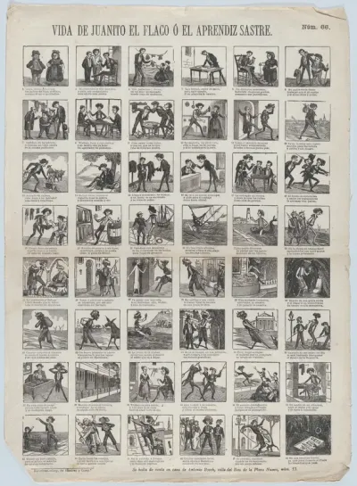 Broadside with 48 scenes relating to the life of Juanito the Skinny one, or, the apprentice tailor