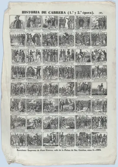Broadside with 48 scenes relating to the life of the Carlist General of Spain, Ramon Cabrera y Griñó