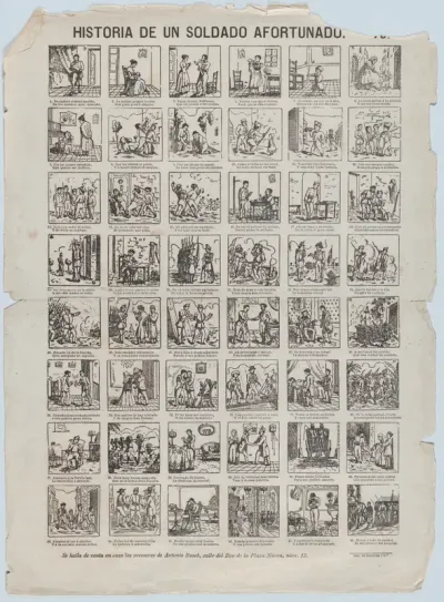 Broadside with 48 scenes relating to the life of the lucky soldier