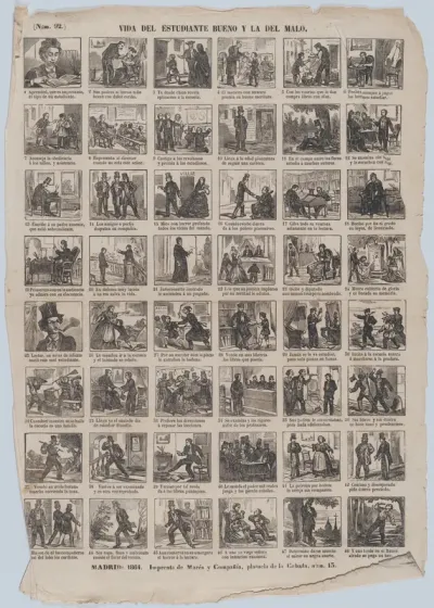 Broadside with 48 scenes relating to the lives of the good student and the bad student