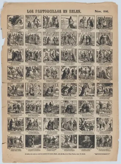 Broadside with 48 scenes relating to the nativity of Christ