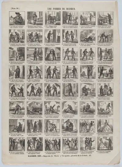 Broadside with 48 scenes relating to the poor people of Madrid