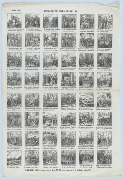 Broadside with 48 scenes relating to the reign of Queen Isabel II