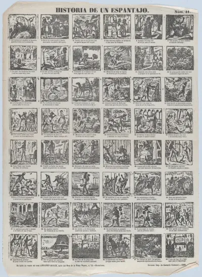 Broadside with 48 scenes relating to the story of a scarecrow