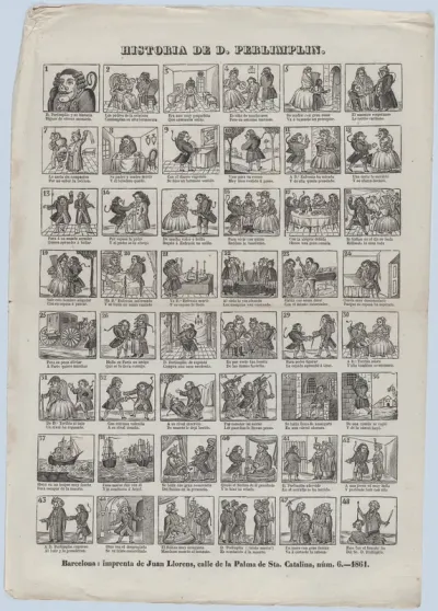 Broadside with 48 scenes relating to the story of Don Perlimplin