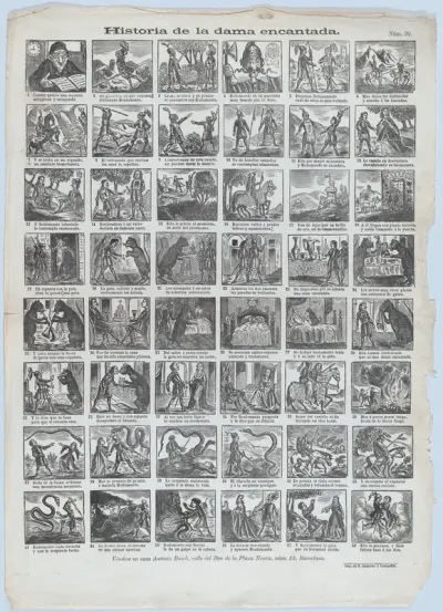 Broadside with 48 scenes relating to the story of the enchanted lady (Dama encantada)