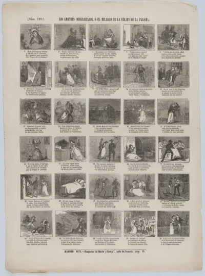 Broadside with 48 scenes relating to the unhappy lovers, or the miracle of the Virgin of the dove