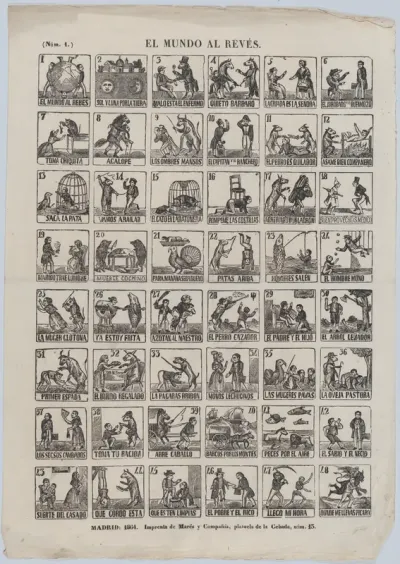 Broadside with 48 scenes relating to the world upside down