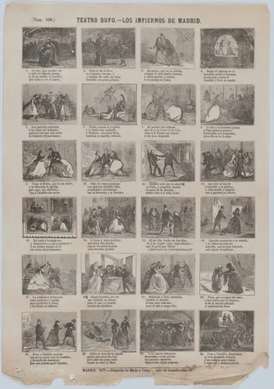 Broadside with 48 scenes relating to zarzuela(?) 'los infiernos de Madrid'