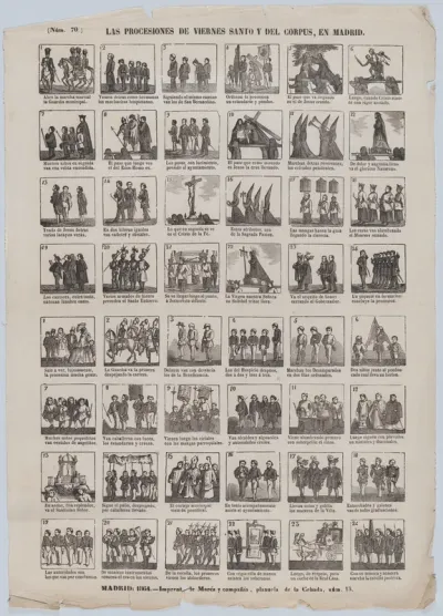 Broadside with 48 scenes showing the holy Friday procession in Madrid