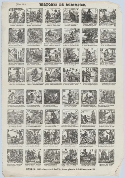 Broadside with 48 scenes showing the life of Robinson Caruso