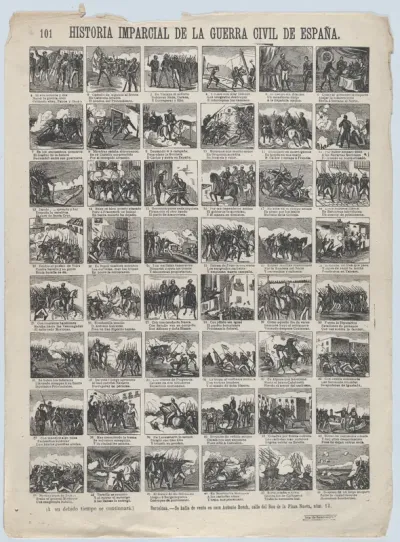 Broadside with 48 scenes telling the 'impartial' story of the civil war in Spain (Part 1)