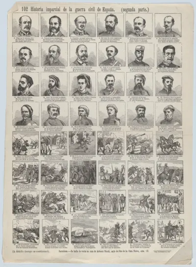 Broadside with 48 scenes telling the 'impartial' story of the civil war in Spain (Part 2)